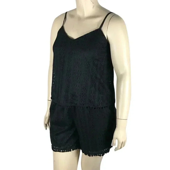 AMERICAN RAG Plus Size Pom Pom Trim Romper, Black, 0X - Picture 1 of 7